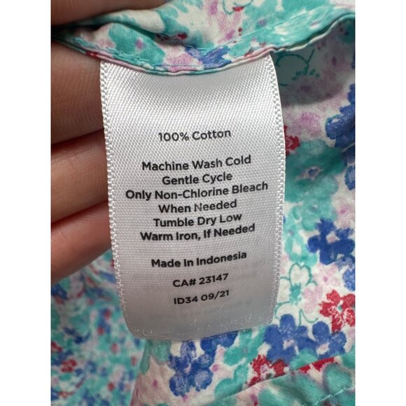Talbots Womens Top Sz L Turquoise Ditzy Floral ButtonUp Flip Cuff Cottage Fairy - Picture 5 of 10